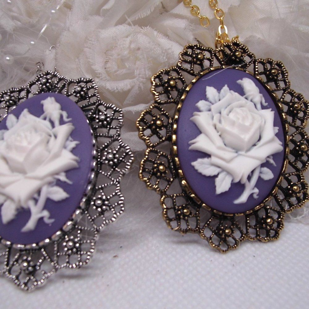 Purple Rose Cameo Necklace Brooch Silver Or Gold 28$
